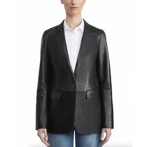 $2498 Lafayette 148 Black Leather Single Breasted Button Blazer Jacket sz Small